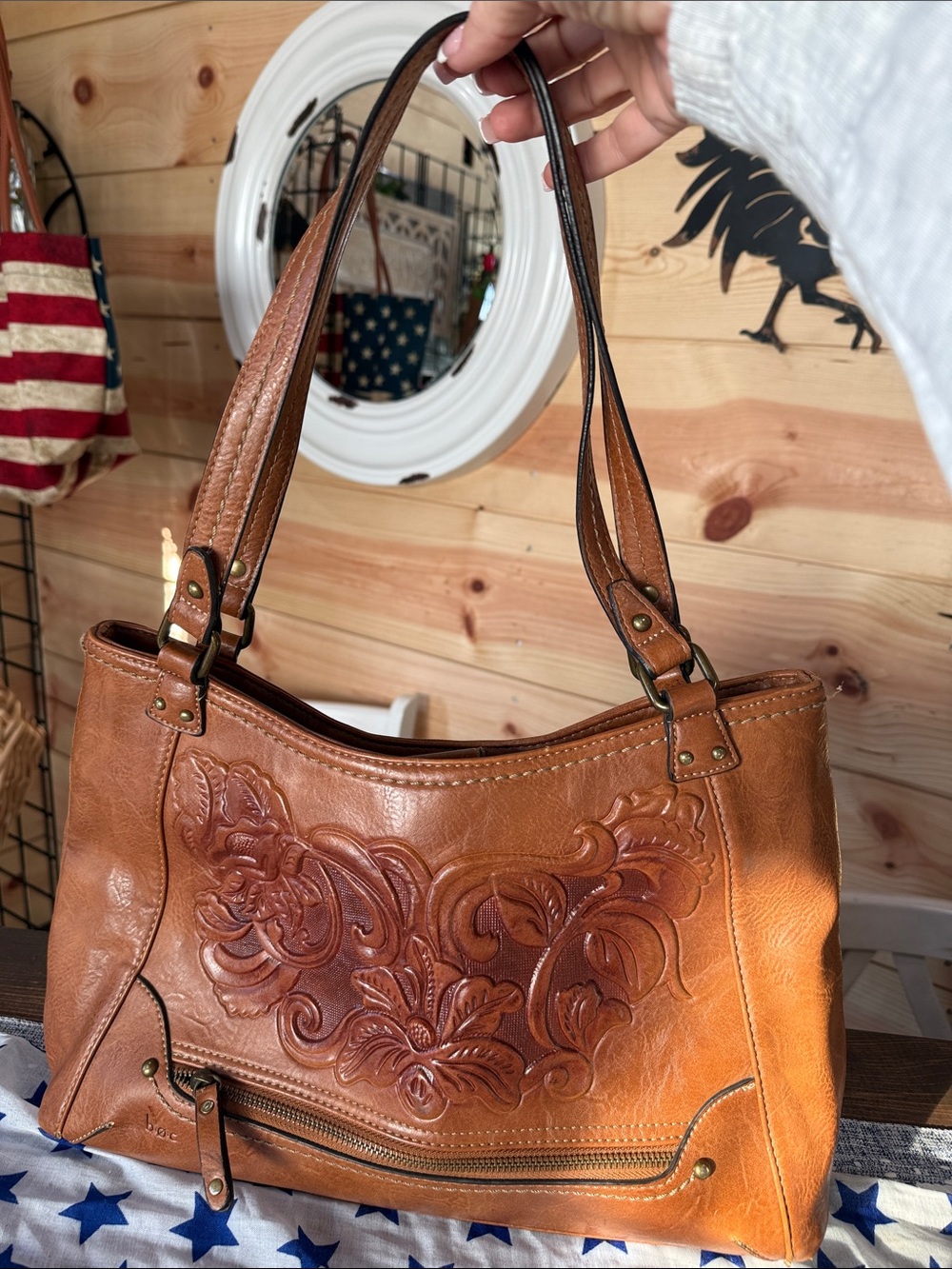 Born Concept Leather Embossed Floral Shoulder Bag - Brown